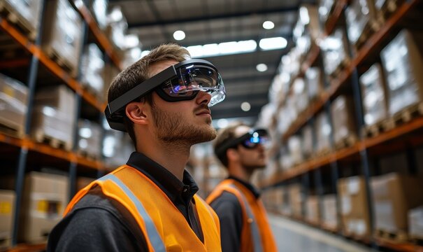 Augmented Reality Picking warehouse workers wearing AR glasses or headsets, which provide real-time picking instructions and navigation cues for faster and more accurate order, Generative AI