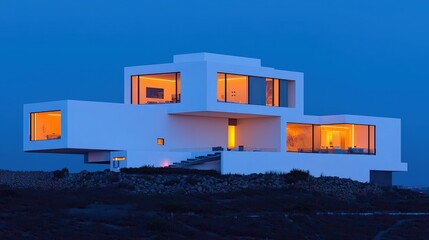 Fototapeta premium Modern White House with Large Windows and Open Floor Plan at Dusk