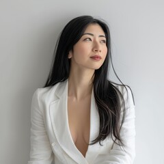 Obraz premium Portrait of a poised Asian woman in her 30s with long black hair wearing a white blazer, looking thoughtful and confident against a neutral background