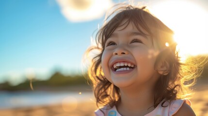 Joyful Brazilian girl enjoying sunny nature, portrait of child laughing