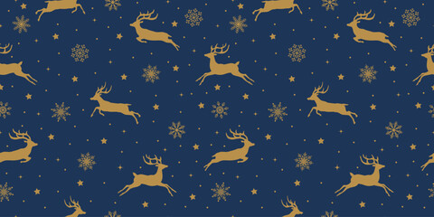 Seamless pattern design, reindeer, stars and snowflakes. Happy new year, Christmas, winter holiday, snowfall, on the blue background.
