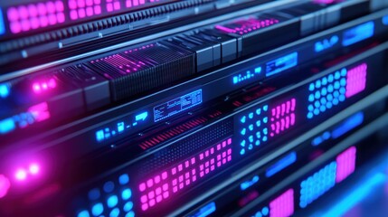 Fototapeta premium Futuristic server room with glowing LED lights illustrating advanced technology and data storage solutions.