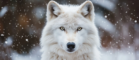 Obraz premium Majestic White Furred Wolf Staring Intently in a Snowy Forest Wilderness