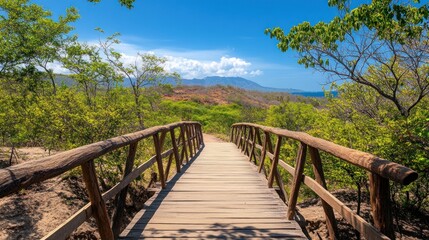 Fototapeta premium A wooden bridge leading through a tropical forest towards a mountain range in the distance.