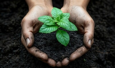 Hands holding a seedling that is about to be planted in the ground, symbolizing environmental protection, Generative AI