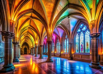 Serene Gothic Architecture Interior with Vaulted Ceilings and Soft Lighting for Tranquil Hallways