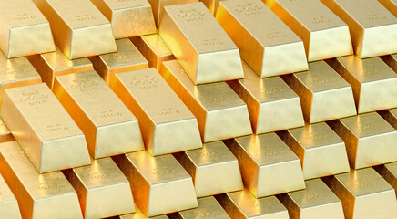 Beautiful, colorful business illustration of stacked gold bars. 3D image.