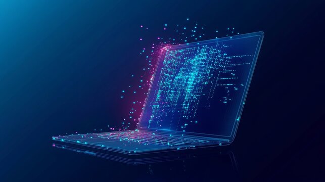 Abstract programming code icon on a laptop screen in light blue low poly futuristic style on technology background. Program and software development. Digital web code. Polygonal.