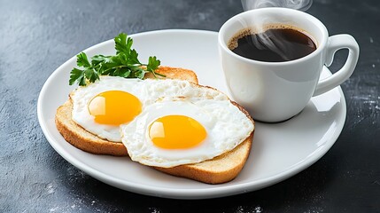 Delicious breakfast of fried eggs on toast with fresh parsley and a steaming cup of coffee for a perfect morning start