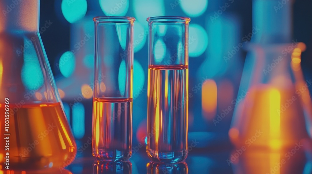 Poster Glass Flasks and Test Tubes with Colored Liquids in a Laboratory Setting