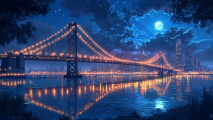 Obraz premium A vibrant night scene featuring a bridge illuminated against a city skyline and moonlit sky.