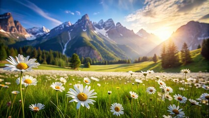 Fototapeta premium Serene Landscape with Daisies in a Lush Field under Blue Sky and Majestic Mountains