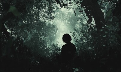 Fototapeta premium Silhouette of a person in a dark forest.