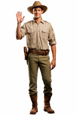 Fototapeta premium Friendly male park ranger in uniform waving and smiling in a full-body shot on white background