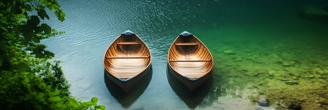 Two wooden boats on crystal clear lake with green water, surrounded by nature, peaceful and scenic view, tranquil outdoor adventure, serene lake reflection, untouched wilderness beauty - Powered by Adobe