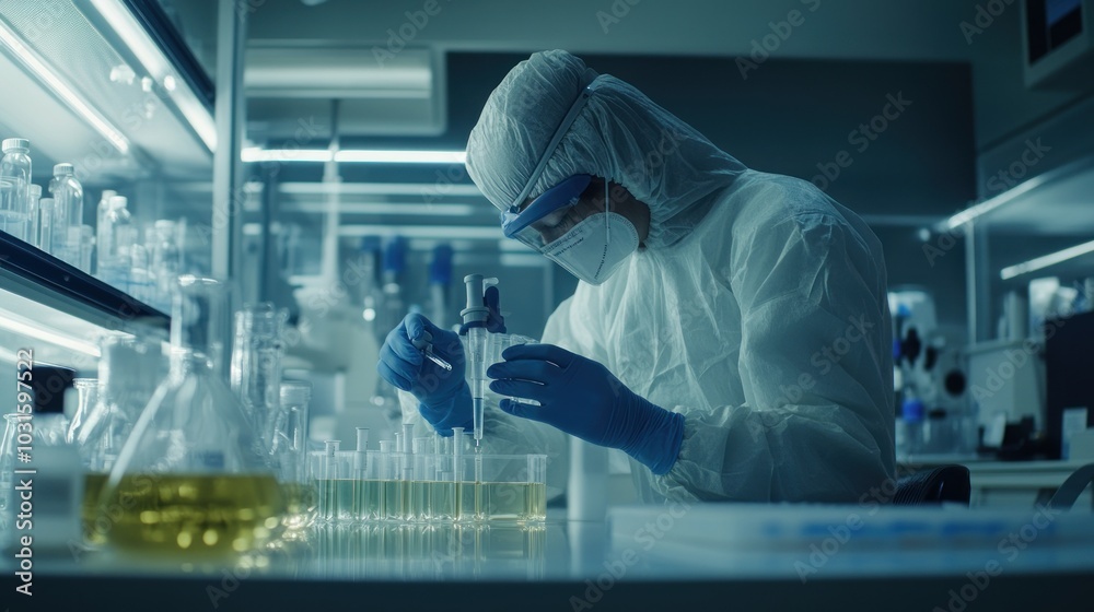 Poster a scientist in a protective suit works in a laboratory