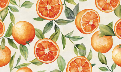 Watercolor orange fruit pattern background illustration showcases a vibrant arrangement of hand-painted oranges intertwined with lush green leaves, ideal for creative projects, Generative AI