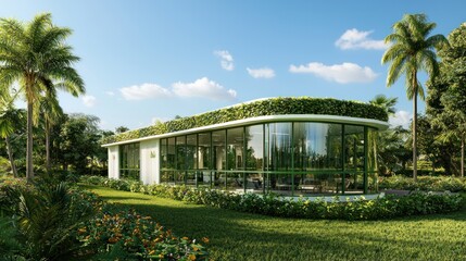 Modern eco-friendly building surrounded by lush greenery and palm trees, showcasing sustainable architecture in a tropical setting.
