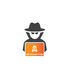 Hacker at laptop icon. Flat illustration of hacker at laptop vector icon for web design	