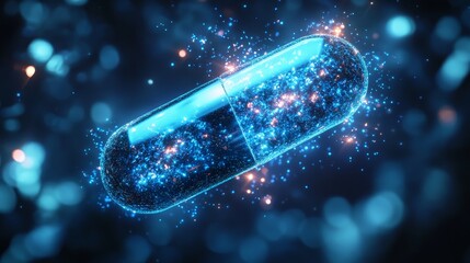 Futuristic medicine capsule breaking open, releasing glowing, ethereal particles forming intricate holographic patterns in the air, futuristic, neon blue, 3D, symbolizing advanced healing technol