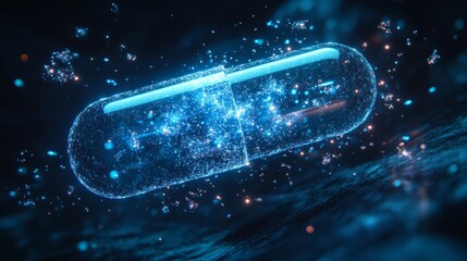 Futuristic medicine capsule breaking open, releasing glowing, ethereal particles forming intricate holographic patterns in the air, futuristic, neon blue, 3D, symbolizing advanced healing technol