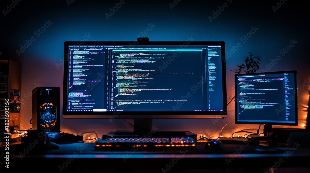 Poster coding with example code on a PC screen -