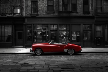 Naklejka premium Stunning Photograph of a Classic Red Convertible Parked on a Quaint Urban Street Merging Nostalgia and Charm in a Black and White Scene