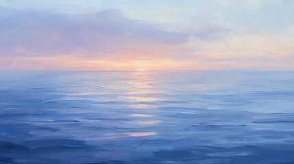 Obraz premium Abstract Seascape Painting Sunset Over Ocean Blue and Pink Hues