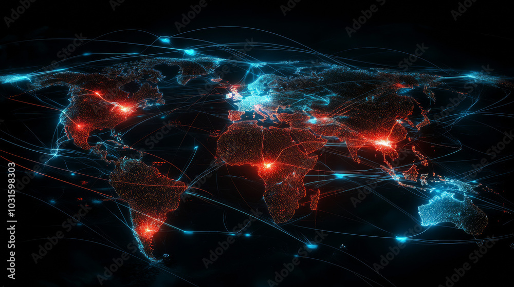 Poster global data flows around the world like a network of glowing lines. this image shows how countries l