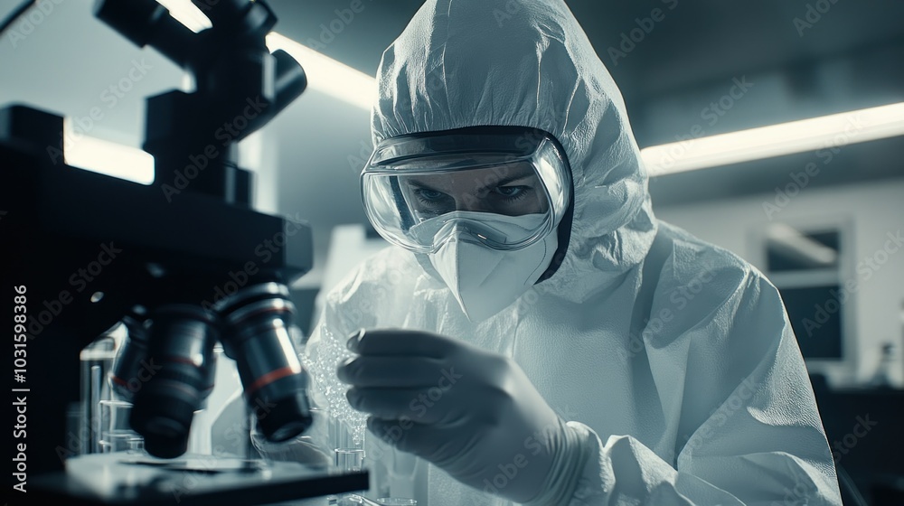 Poster Close-up of a Scientist in a Hazmat Suit Working with a Microscope and Test Tubes in a Laboratory