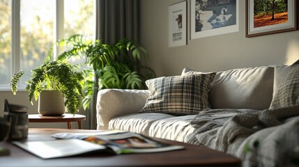 Comfortable sofa with plaid, cushions, and a coffee table with a magazine and plant in the living room. 