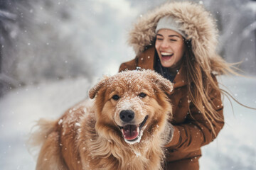 Young happy smiling couple having fun in winter park with their dog outdoors.