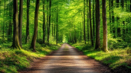 Fototapeta premium Sunlight Filtering Through Trees on a Forest Path - Nature's Serenity