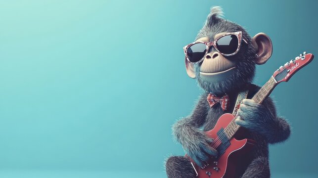 Cool monkey playing a red electric guitar with a bowtie and sunglasses on a blue background. - Powered by Adobe