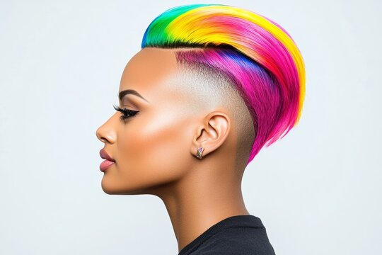 Woman with pink hair and a nose piercing. She has a pink and yellow background. The woman has a very bold and confident look. Young woman with shaved sides and brightly colored hair posing in profile