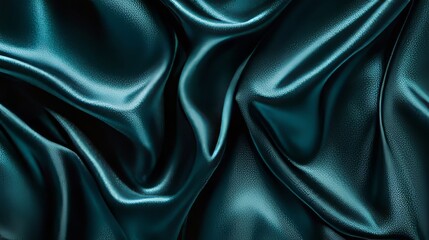 Fototapeta premium Dark teal green silk satin. Shiny smooth fabric, soft folds. Luxury background with space for design. Flat lay, top view. Birthday, Christmas, Valentineâ€™s, New Yearâ€™s theme. 