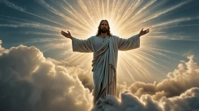 Jesus Christ with rays of light in the clouds