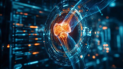 Obraz premium Futuristic X-ray scan of a knee, vibrant holographic projections encircle the joint, visualizing osteoarthritis therapy in an ultramodern medical facility
