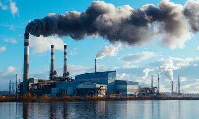 Industrial Impact Coal power plant with high pipes emitting black smoke, illustrating the environmental pollution and atmospheric impact of industrial, Generative AI