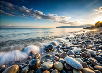 Obraz premium Serene Pebbled Beach with Smooth Grey Rocks and Dreamy Water Effects