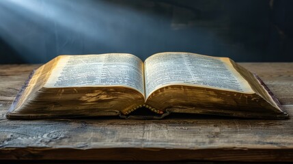 Obraz premium Open Book with Light Rays on Wooden Table