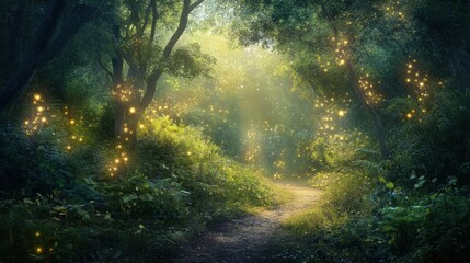 Obraz premium Enchanted forest path with fireflies.