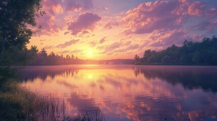 Fototapeta premium Sunset reflected in a still lake.