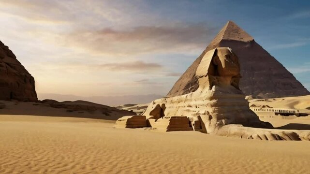 sphinx with pyramid in sand desert