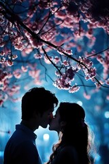 A romantic silhouette of a couple kissing under cherry blossoms at night.