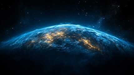 Obraz premium A glowing planet with illuminated features against a dark cosmic backdrop.