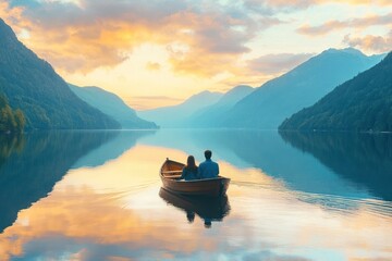Couple in a rowboat on a calm lake with mountains in the background at sunset.