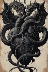 Two Dragons Circling Black Heart - Gothic Fantasy Art