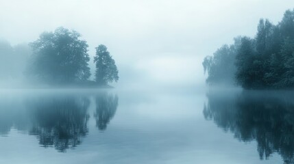 Fototapeta premium Misty morning with trees reflected in water.