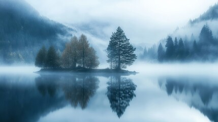 Fototapeta premium Trees reflected in still, foggy lake.